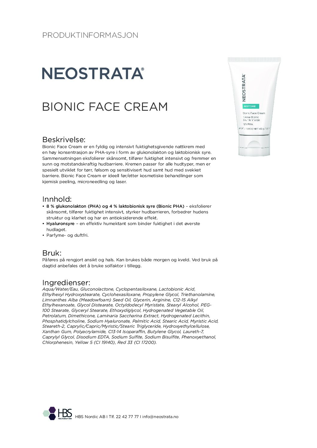 Produktark NEOSTRATA Bionic Face Cream