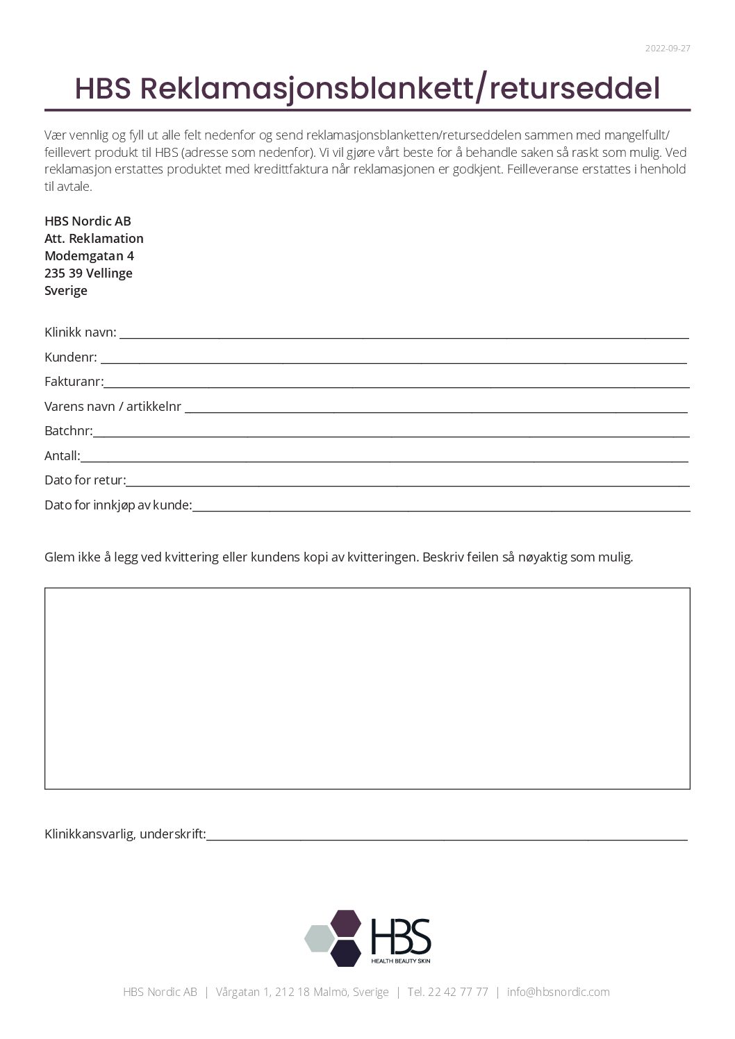 HBS Nordic Returskjema