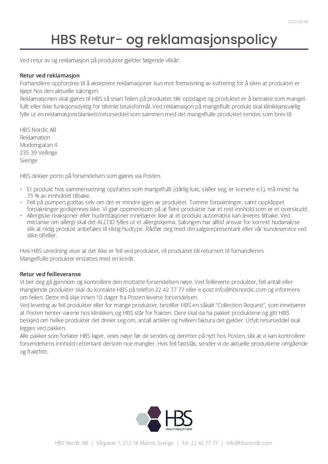 HBS Nordic Returpolicy