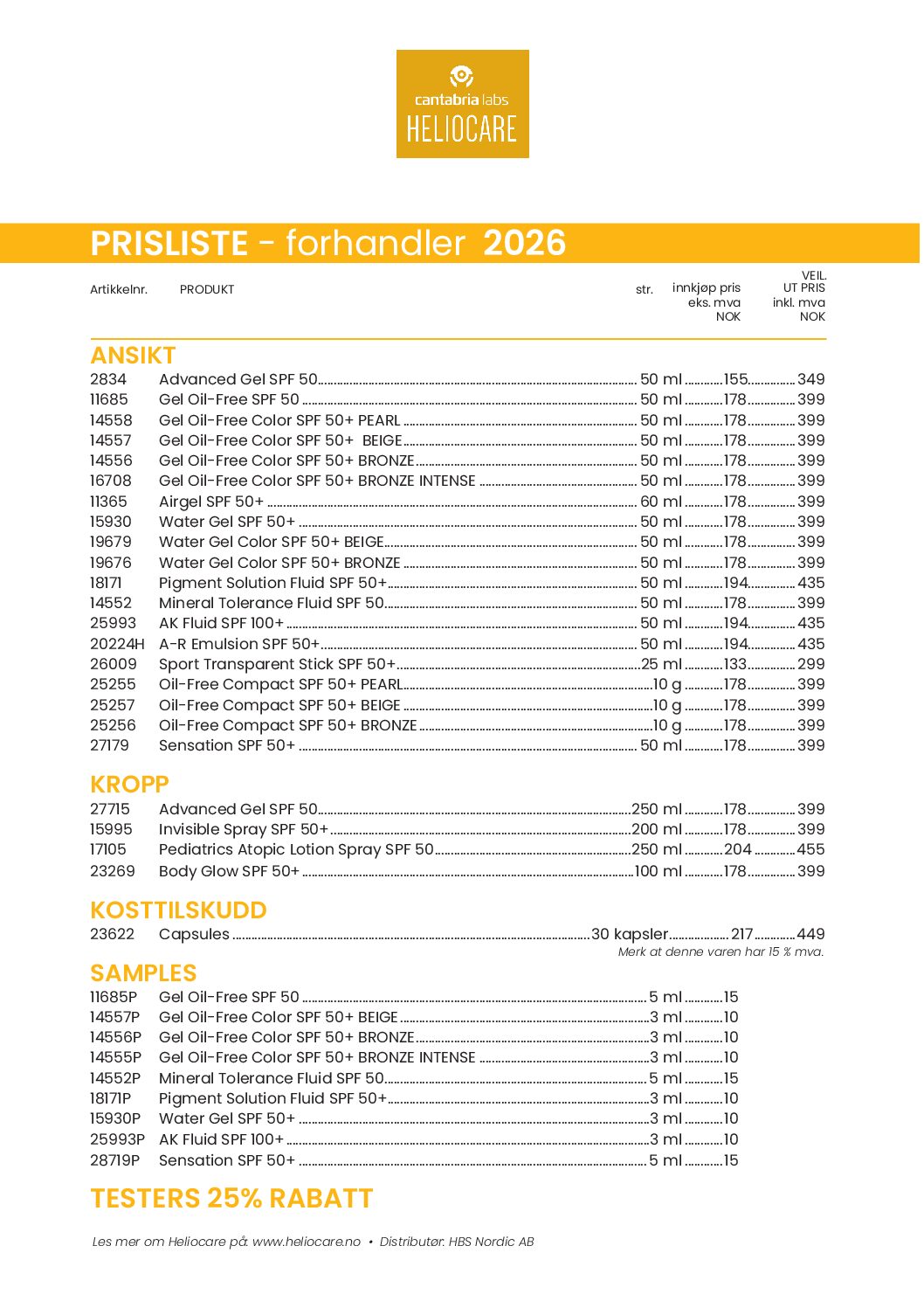 Prisliste Heliocare 2026 (forhandler)