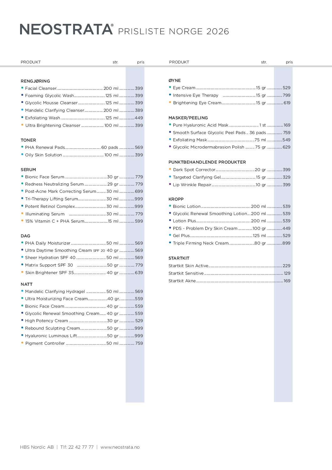 Prisliste NEOSTRATA 2026 (kunde)
