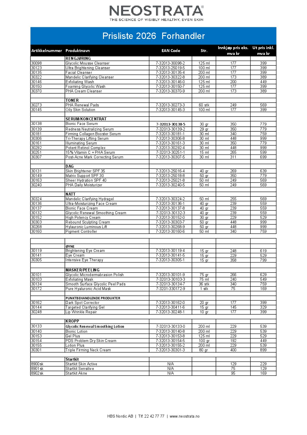 Prisliste NEOSTRATA 2026 (forhandler)