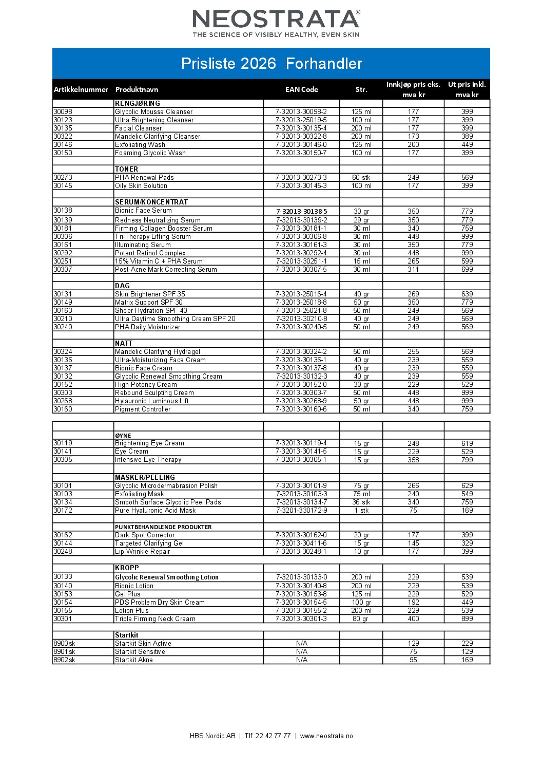 Prisliste NEOSTRATA 2026 (forhandler)