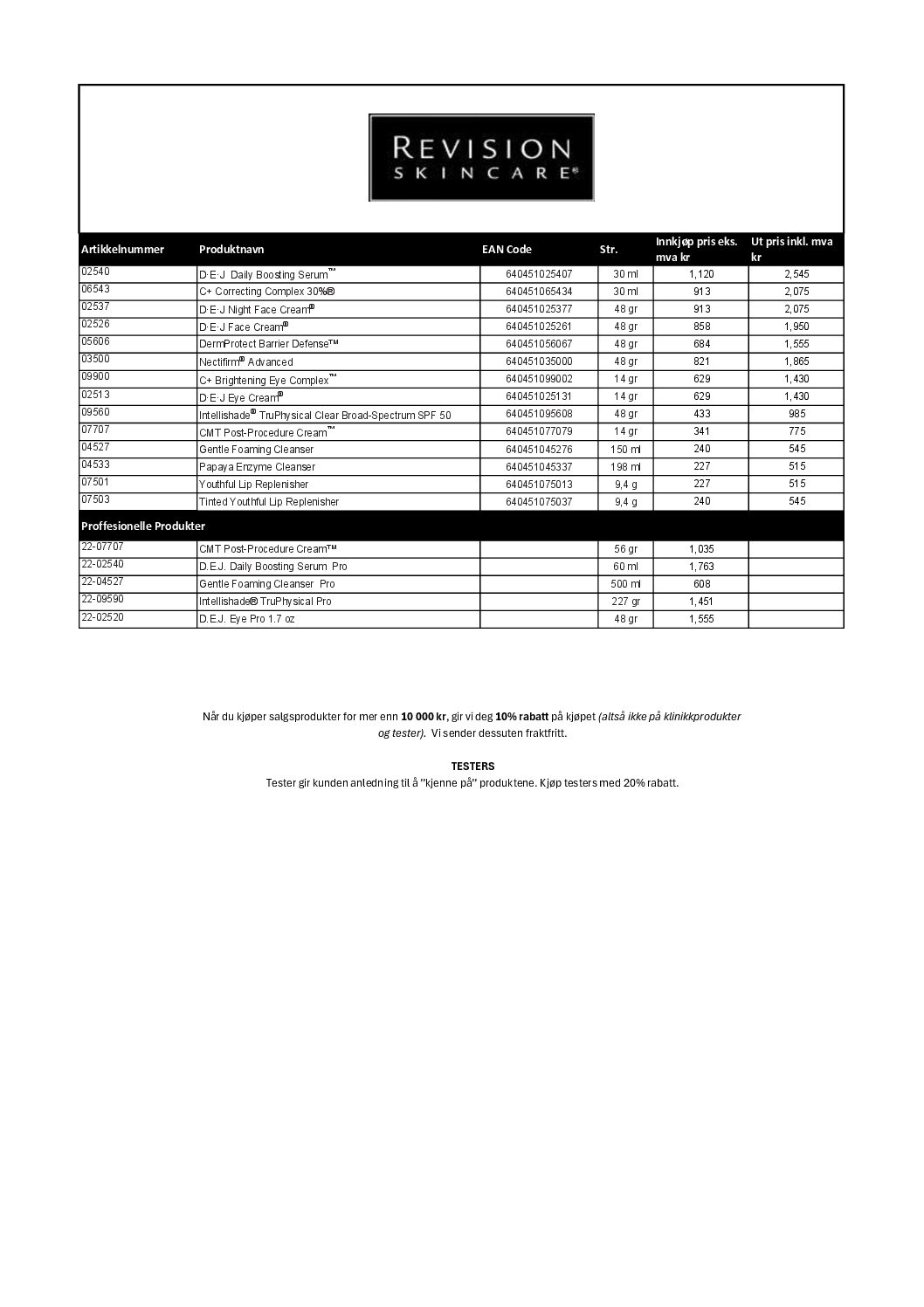 Prisliste Revision Skincare (forhandler)