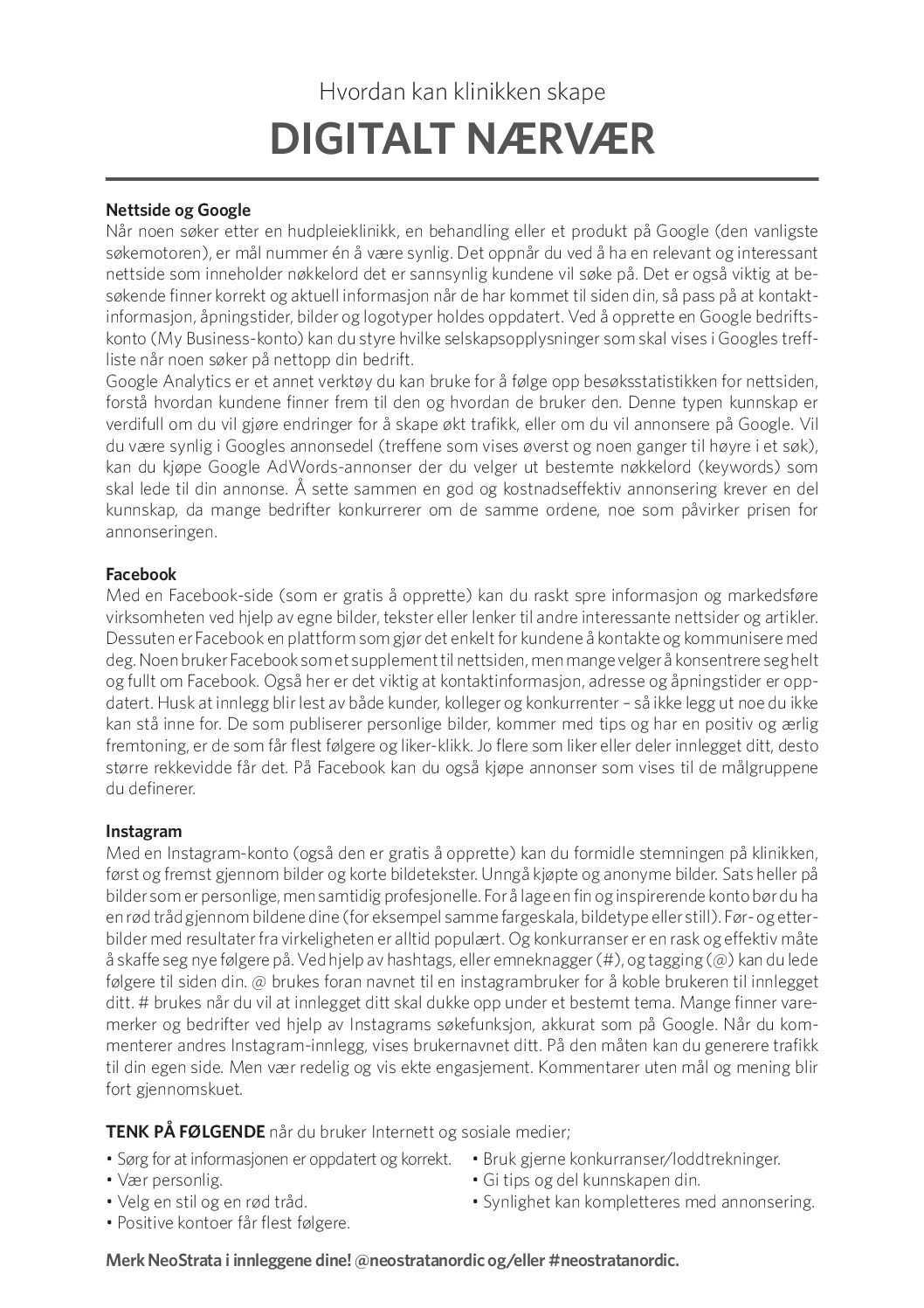 Veiledning for digital tilstedeværelse (Nettside, Google, Facebook og Instagram)