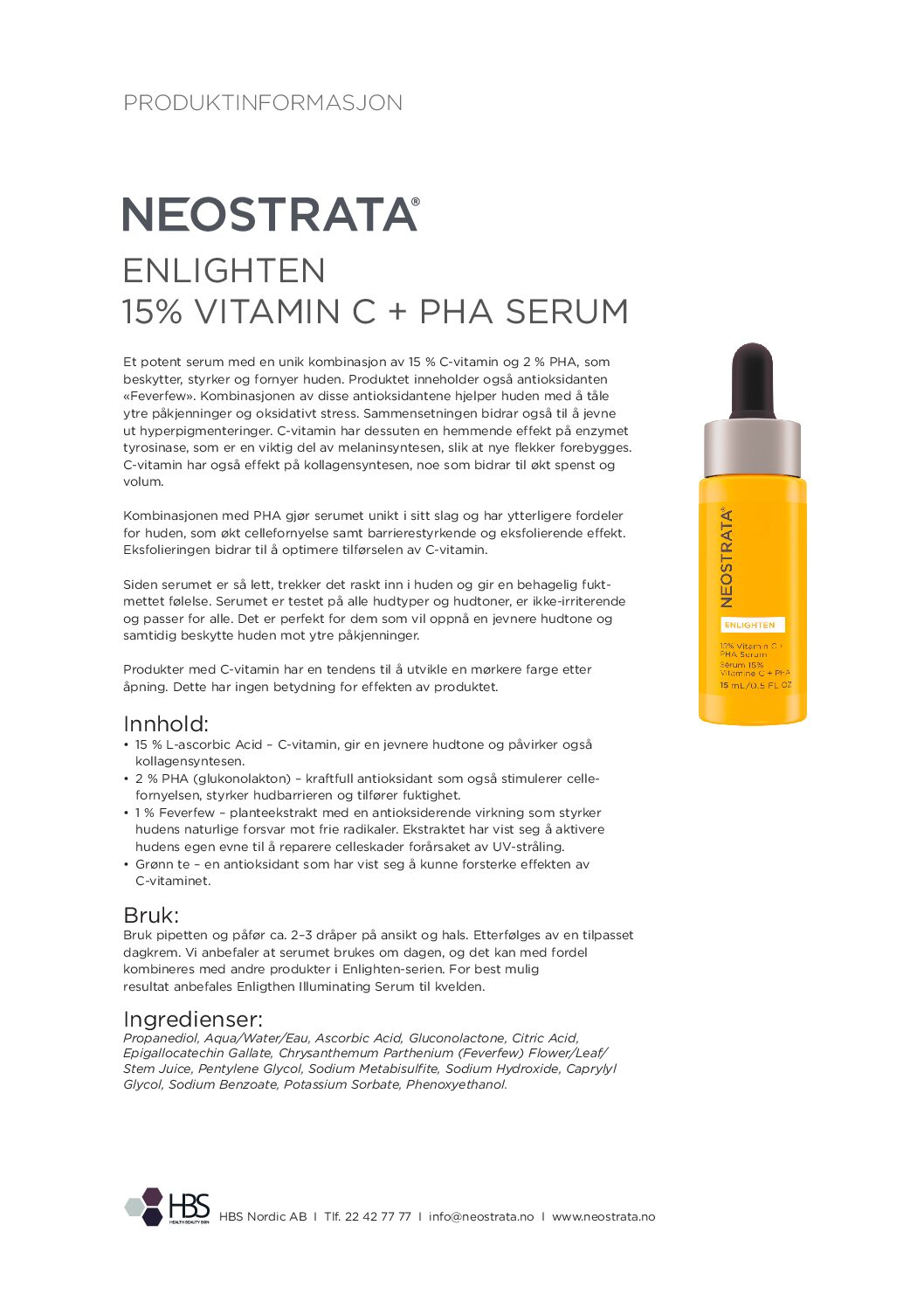 Produktark NEOSTRATA Enlighten 15% vitamin C + PHA Serum