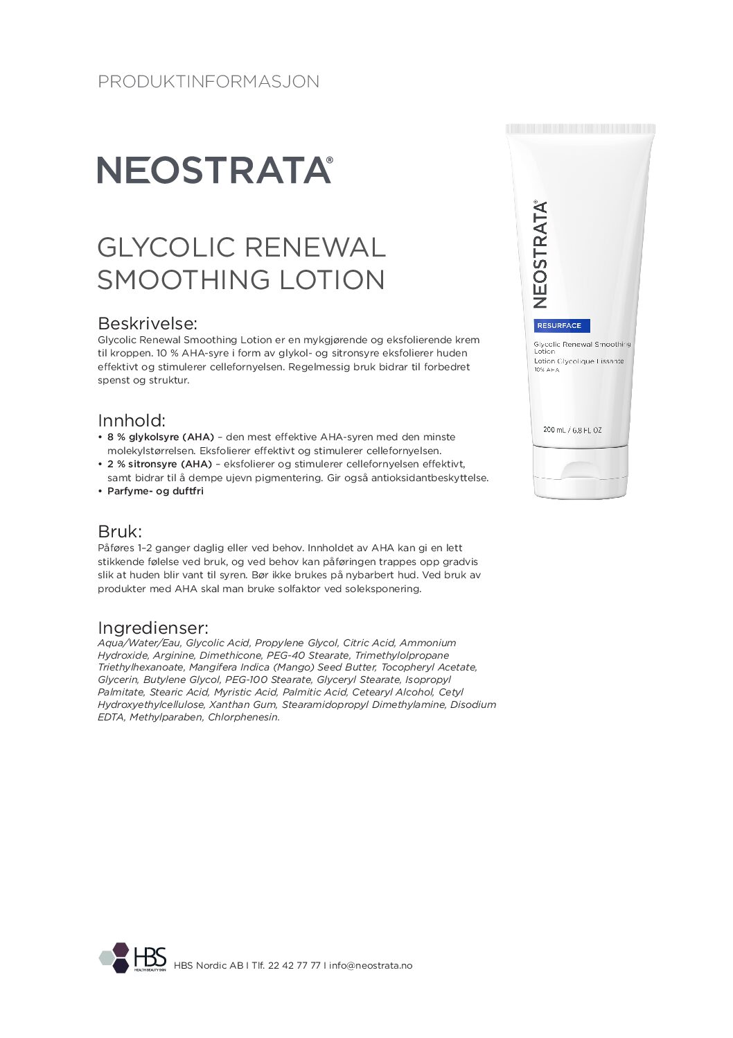 Produktark NEOSTRATA Glycolic Renewal Smoothing Lotion