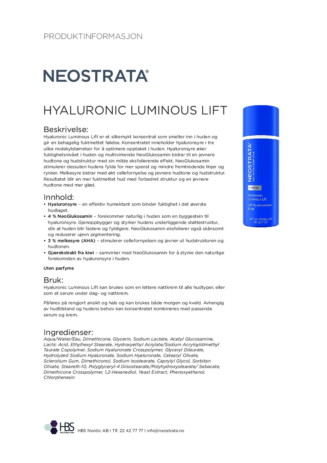Produktark NEOSTRATA Hyaluronic Luminous Lift