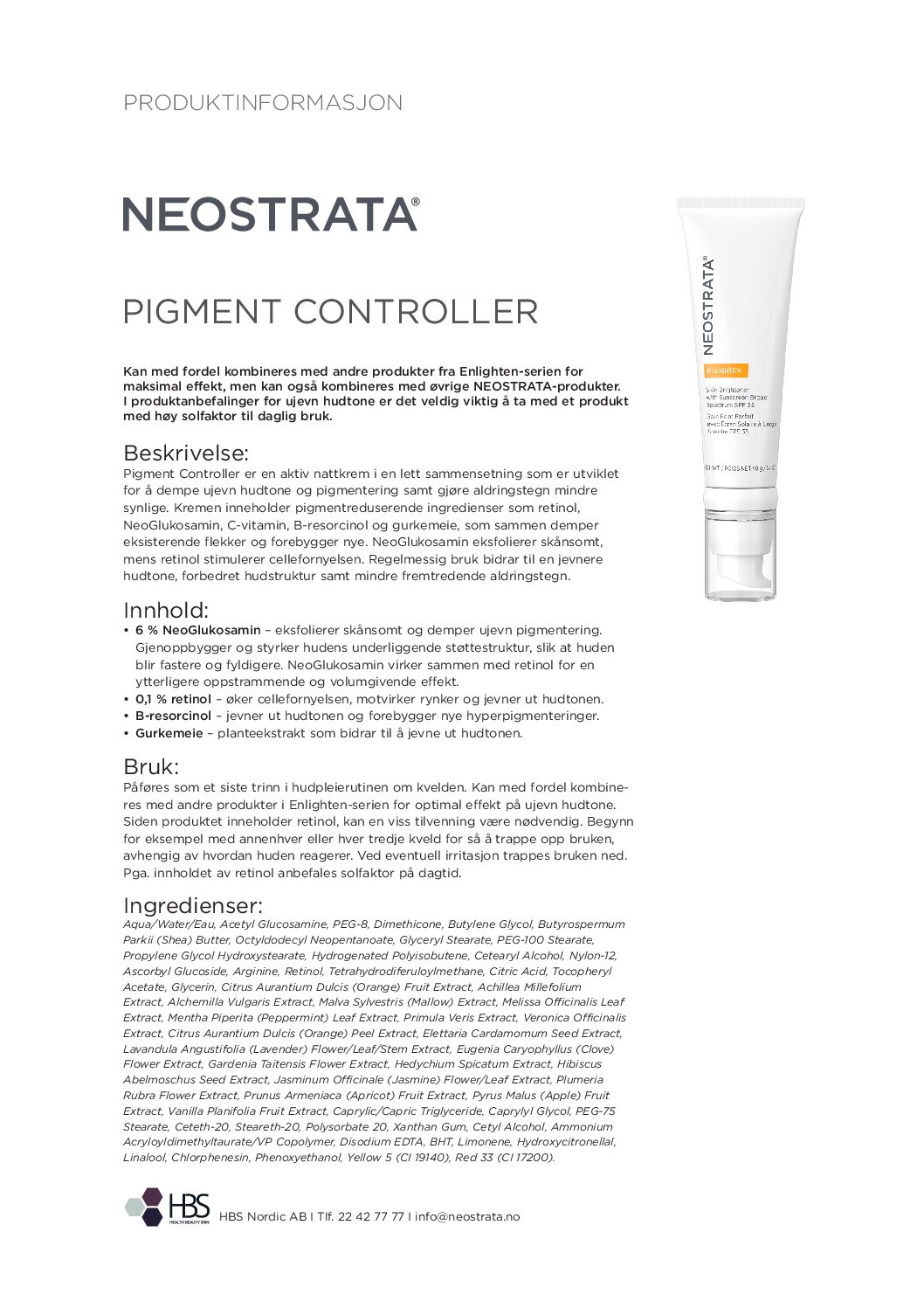Produktark NEOSTRATA Pigment Controller