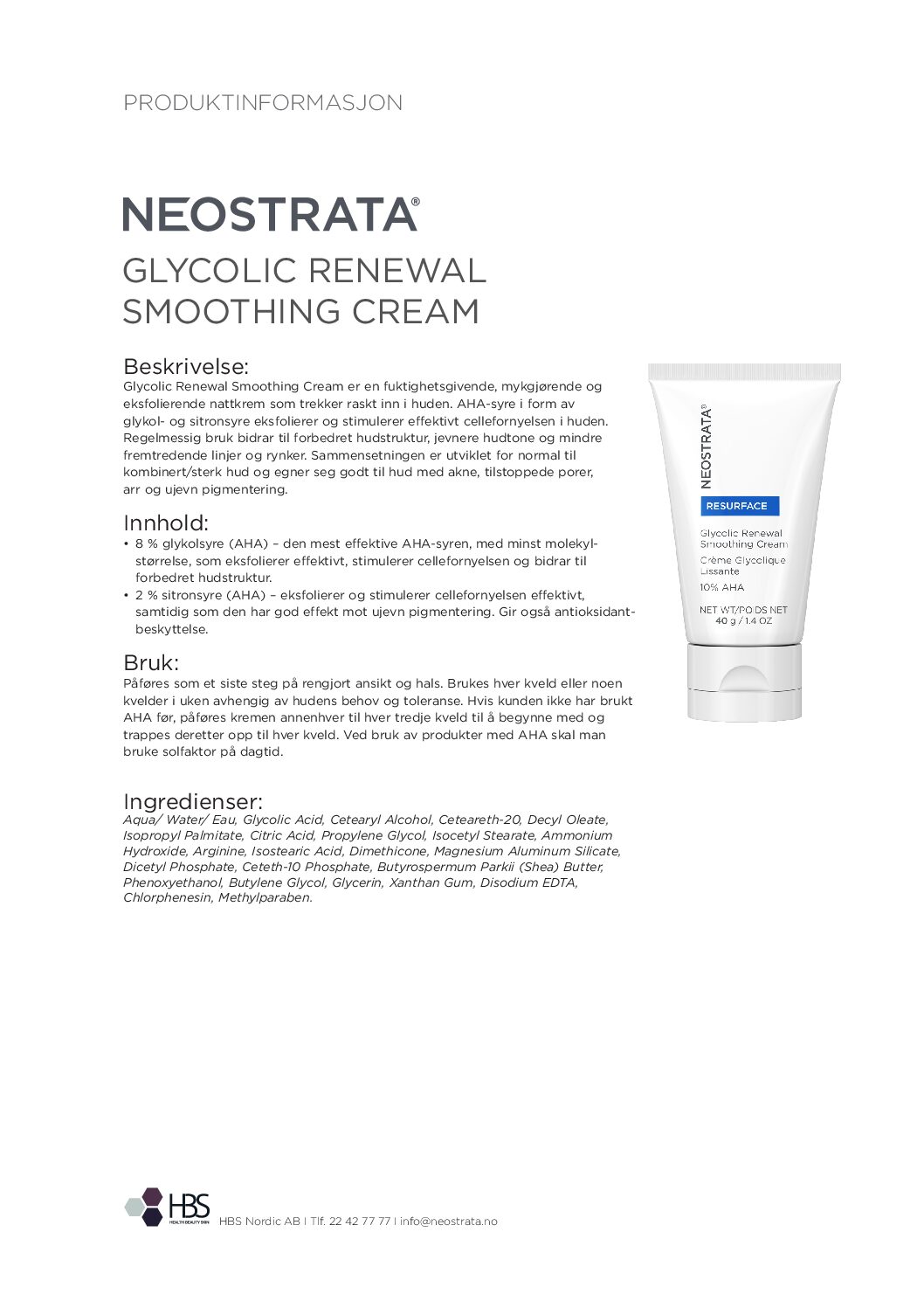 Produktark NEOSTRATA Glycolic Renewal Smoothing Cream