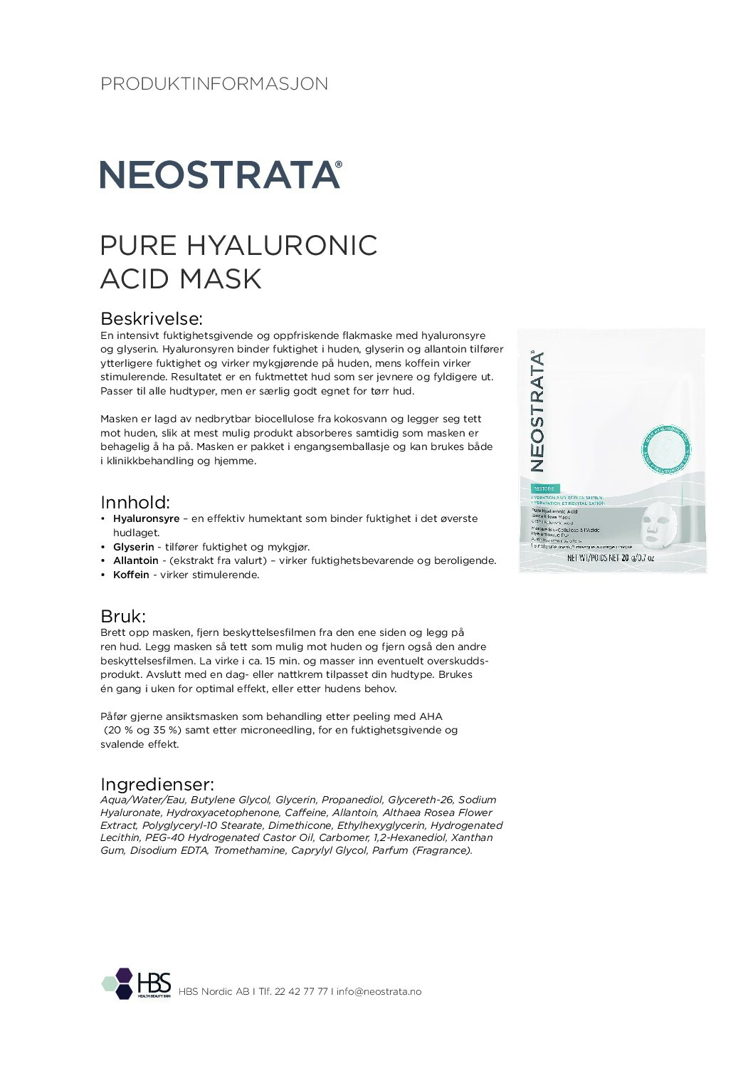 Produktark NEOSTRATA Pure Hyaluronic Acid Mask
