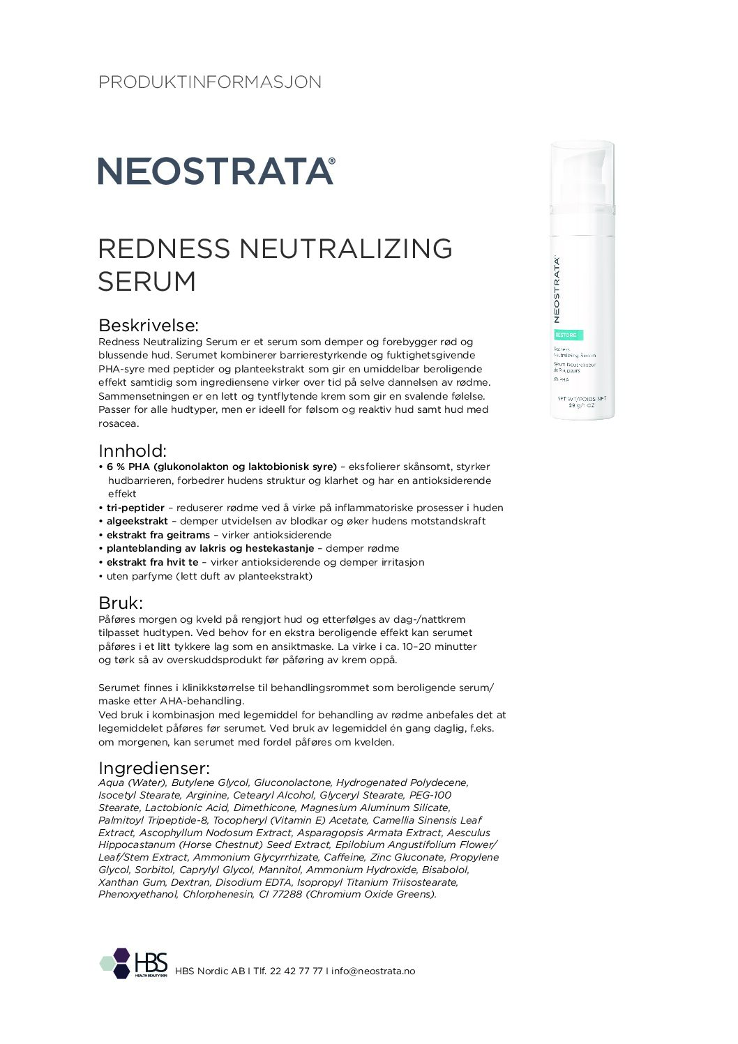 Produktark NEOSTRATA Redness Neutralizing Serum