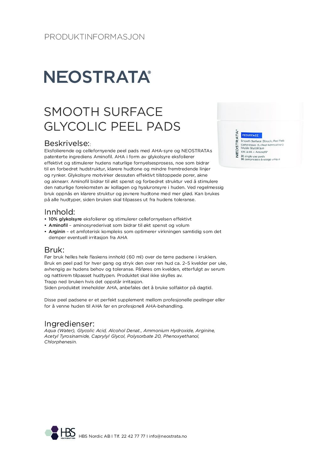 Produktark NEOSTRATA Smooth Surface Glycolic Peel Pads