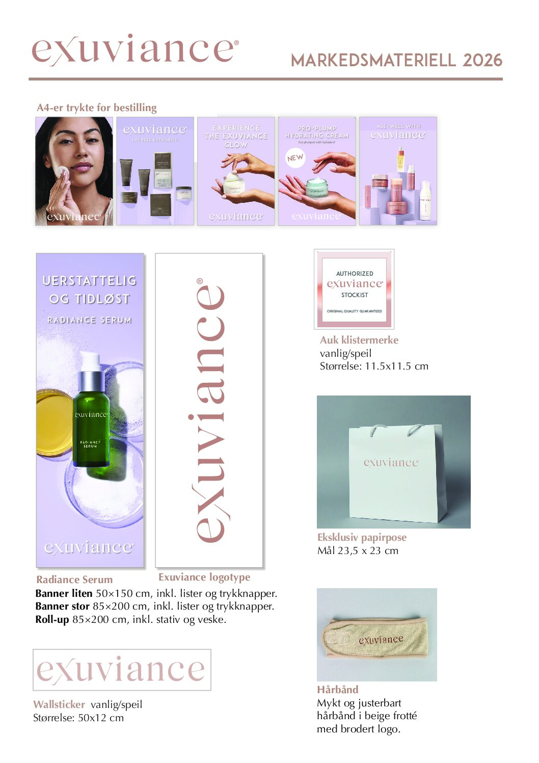 Oversikt over Exuviance markedsføringsmateriell