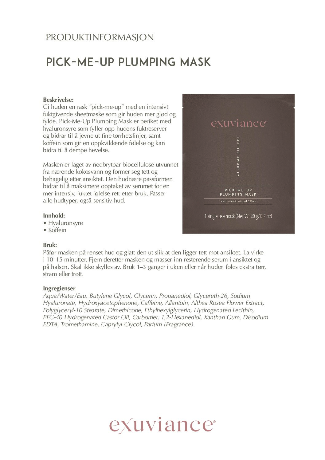 Produktark Exuviance Pick-Me-Up Plumping Mask