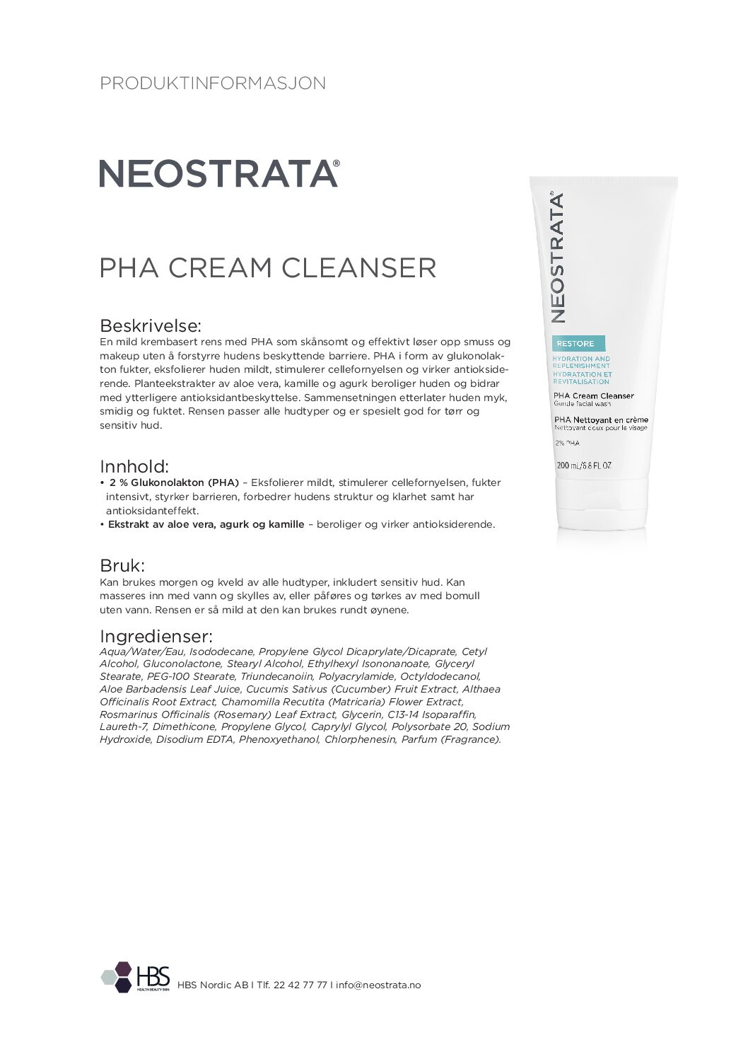 Produktark PHA Cream Cleanser